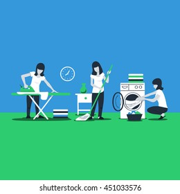 House work and household, neat home, routine chores, woman cleaning service