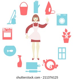 House work icons. Vector illustration.  Flat design. Women doing house work with vacuum cleaner, washing machine, iron,  washing dishes, cooking food