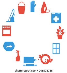 House work icons. Vector illustration.  Flat design. House work with vacuum cleaner, washing machine, iron,  washing dishes, cooking food