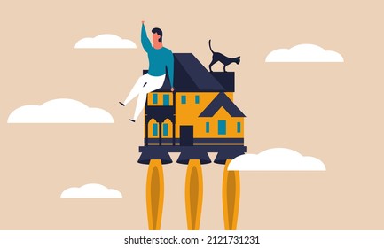 House work on smart rocket success and increase management. Character online office and workplace vector illustration concept. Employment freelance and power productivity boost. Remotely workspace