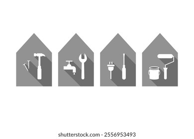 House and work tool icons. Home and tools icon set as repair, renovation, maintenance, facility management, building or home improvement concept.