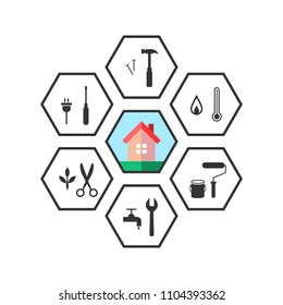 House and work tool icons in line art as repair concept