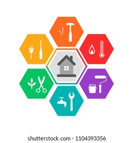 House and work tools concept in colorful flat design. Icons in hexagon shape.