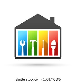 House and work tools concept. Vector illustration in flat design isolated on white background.