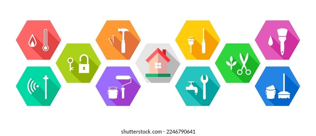 Juego de iconos de herramientas de casa y trabajo como concepto de reparación, renovación, mantenimiento. Inicio con coloridos iconos de herramientas. Gestión de instalaciones e instalaciones. Ilustración vectorial, pancarta.