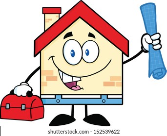 House Worker With Blueprint And Tool Box