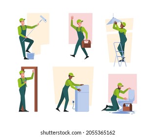 House workers. Home repair services construction renovation wall plumbers painter workers craftsman garish vector illustrations flat characters