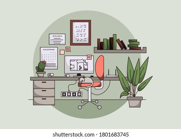 House workspace for architect with lovely pet lying on a chair