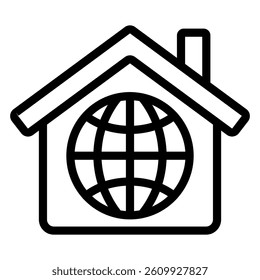 House with world globe line icon, housing market concept. Vector graphics. International worldwide cottage building sign on white background, style mobile or design