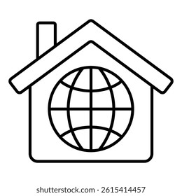 House with world globe thin line icon, housing market concept. Vector graphics. Worldwide, cottage building sign on white background, linear style for mobile or design