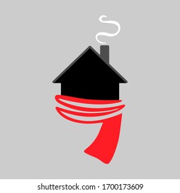 House wrapped in a red scarf symbol on gray backdrop. Stay home concept