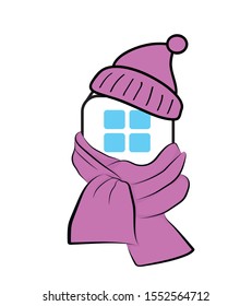 house wrapped in a scarf and hat. warming concept. warm in the house. vector illustration. flat design.