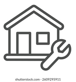 House and wrench line icon, repair service concept. Vector graphics. Cottage building with repair tool sign on white background, outline style icon for mobile or web design