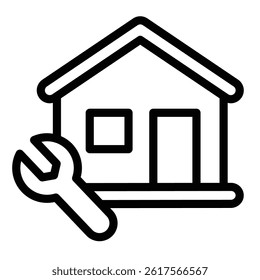 House and wrench line icon, repair service concept. Vector graphics. Cottage building with repair tool sign on white background, style mobile or design