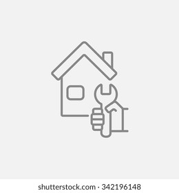 House with wrench line icon for web, mobile and infographics. Vector dark grey icon isolated on light grey background.