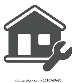 House and wrench solid icon, repair service concept. Vector graphics. Cottage building with repair tool sign on white background, glyph style icon for mobile or web design