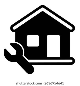 House and wrench solid icon, repair service concept. Vector graphics. Cottage building with repair tool sign on white background, style mobile or design
