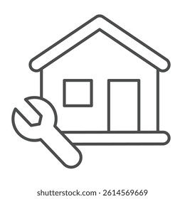 House and wrench thin line icon, repair service concept. Vector graphics. Cottage building with repair tool sign on white background, linear style icon for mobile or web design