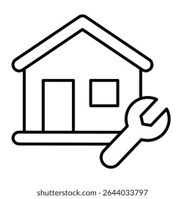 House and wrench thin line icon, repair service concept. Vector graphics. Cottage building with repair tool sign on white background, style mobile or design