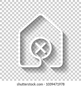 house with wrong mark icon. line style. White icon with shadow on transparent background
