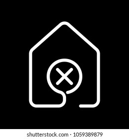 house with wrong mark icon. line style. White icon on black background. Inversion