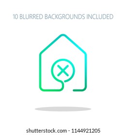 house with wrong mark icon. line style. Colorful logo concept with simple shadow on white. 10 different blurred backgrounds included