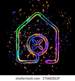 house with wrong mark icon. line style. Colored ink with splashes on black background