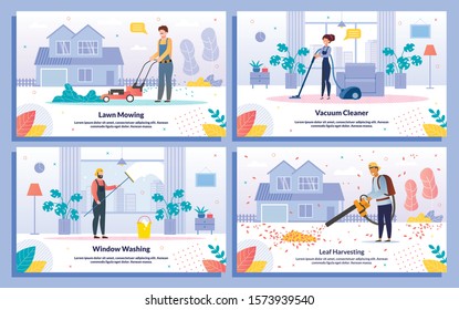 House Yard, Apartment, Office Cleaning Commercial Service Trendy Flat Vector Banners, Posters Set. Female, Male Workers Mowing Lawn, Vacuuming Room Floor, Washing Window, Removing Leaves Illustration