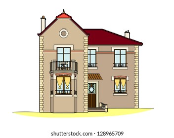 House with yellow curtains