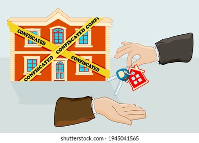 House with yellow warning tapes and hands giving keys isolated on white background. House is labelled as confiscated. Housing bubble and mortgage crisis concept. Real estate seize. Vector illustration