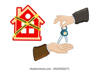 House with yellow warning tapes and hands giving keys isolated on white background. House is labelled as confiscated. Housing bubble and mortgage crisis concept. Real estate seize. Vector illustration