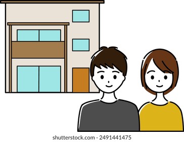 A house and a young couple (image of a pair loan, house purchase, etc.)