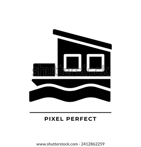 Houseboat black glyph icon. Float house. Moored building in lake, river. Modern property. Real estate. Silhouette symbol on white space. Solid pictogram. Vector isolated illustration