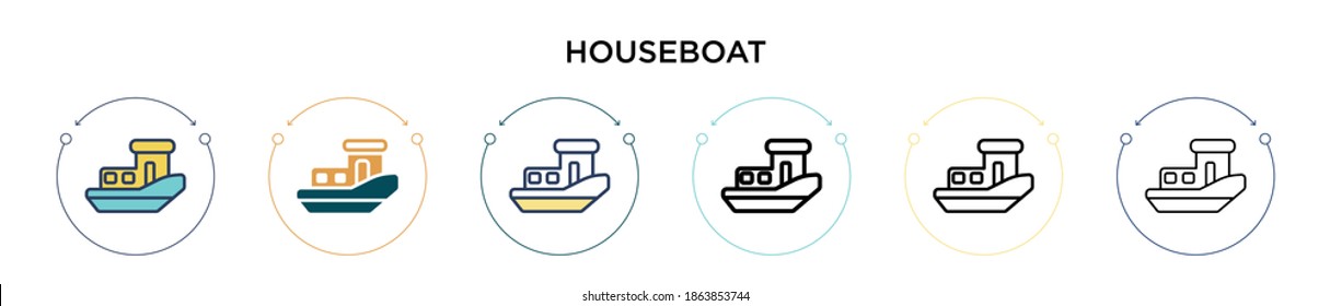 Houseboat icon in filled, thin line, outline and stroke style. Vector illustration of two colored and black houseboat vector icons designs can be used for mobile, ui, web