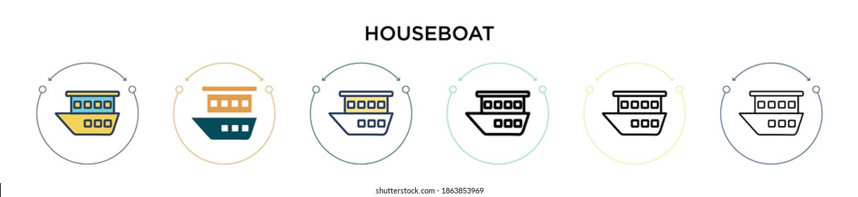 Houseboat icon in filled, thin line, outline and stroke style. Vector illustration of two colored and black houseboat vector icons designs can be used for mobile, ui, web