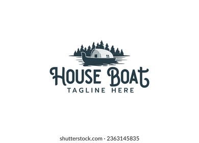 houseboat logo with a combination of a houseboat floating on the water with a view of pine trees behind.