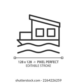 Icono lineal perfecto del píxel de la casa. Casa flotante. Edificio amarrado en el lago, río. Propiedad moderna. Inmobiliaria. Ilustración de línea delgada. Símbolo de contorno. Dibujo del contorno del vector. Trazo editable