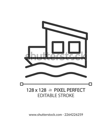 Houseboat pixel perfect linear icon. Float house. Moored building in lake, river. Modern property. Real estate. Thin line illustration. Contour symbol. Vector outline drawing. Editable stroke