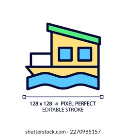 Houseboat pixel perfect RGB color icon. Float house. Moored building in lake, river. Modern property. Real estate. Isolated vector illustration. Simple filled line drawing. Editable stroke