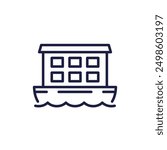 houseboat in water icon, floating house line vector