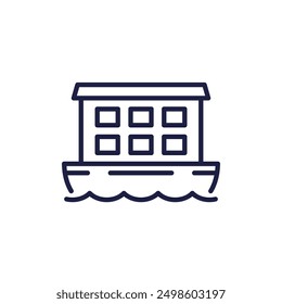 houseboat in water icon, floating house line vector