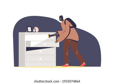 Housebreaker stealing jewelry from drawer. Home robbery and burglary concept. Cartoon criminal theft in mask breaking to property for money and theft. Flat vector illustration