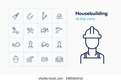 Housebuilding line icon set. Foreman, brickwork, hammer, house. Construction concept. Can be used for topics like site, building works, hand tools