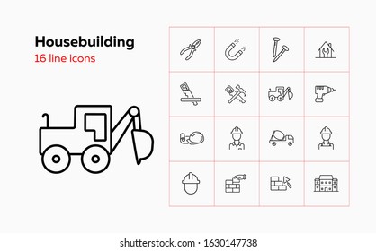 Housebuilding line icon set. Foreman, brickwork, hammer, house. Construction concept. Can be used for topics like site, building works, hand tools