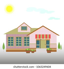 House-building, (school) flat style on a natural clean background with trees, vector