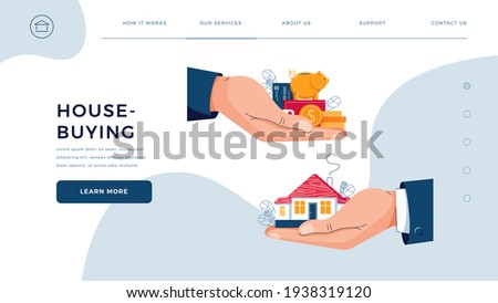House-buying homepage template. Seller gives house to customer. Buyer brings money for home purchase dealing. Deal sale, mortgage, real estate vector illustration. Modern flat cartoon design