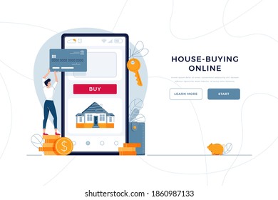 House-buying online landing page template. Man buys a new home, paying by credit card. mortgage, property purchase, house loan concept for web design. People in flat cartoon style, vector illustration