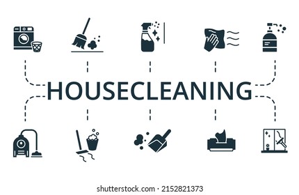 Housecleaning set icon. Editable icons housecleaning theme such as sweep, wipe dust, disinfectant and more.