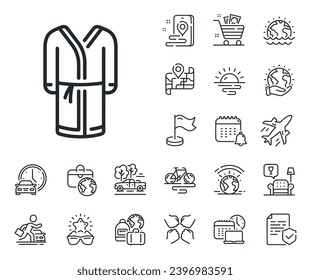 Housecoat-Robe-Schild. Rahmensymbole für Flugzeuge, Reisepläne und Gepäckstücke. Bathrobe-Linie-Symbol. Fabric-Verbandgown-Symbol. Bathrobe-Linienzeichen. Autovermietung, Taxi-Transportsymbol. Ort platzieren. Vektorgrafik