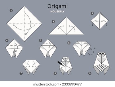 Housefly origami scheme tutorial moving model on grey backdrop. Origami for kids. Step by step how to make a cute origami fly. Vector illustration.